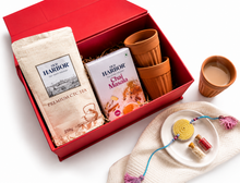 Load image into Gallery viewer, Old Harbor Rakhi Gift Hamper | Premium CTC Tea (250g), Chai Masala (100g) & Kulhad Cups | Festive Tea Gift Box for Brother/Sister | Raksha Bandhan Special