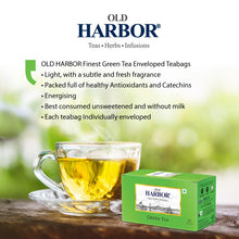 Load image into Gallery viewer, Old Harbor Green Tea is handpicked from selected gardens, our Pure Green Tea is a non-bitter refreshing drink.  Do take a moment to enjoy this soothing blend.  Best consumed without milk &amp; sweeteners.  Pure green tea has less than one calorie. Natural and distinctive. Staple-free tea bags and microwavable. Each tea bag is individually enveloped.
