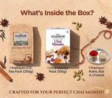 Load image into Gallery viewer, Old Harbor Rakhi Gift Hamper | Premium CTC Tea (250g), Chai Masala (100g) &amp; Kulhad Cups | Festive Tea Gift Box for Brother/Sister | Raksha Bandhan Special
