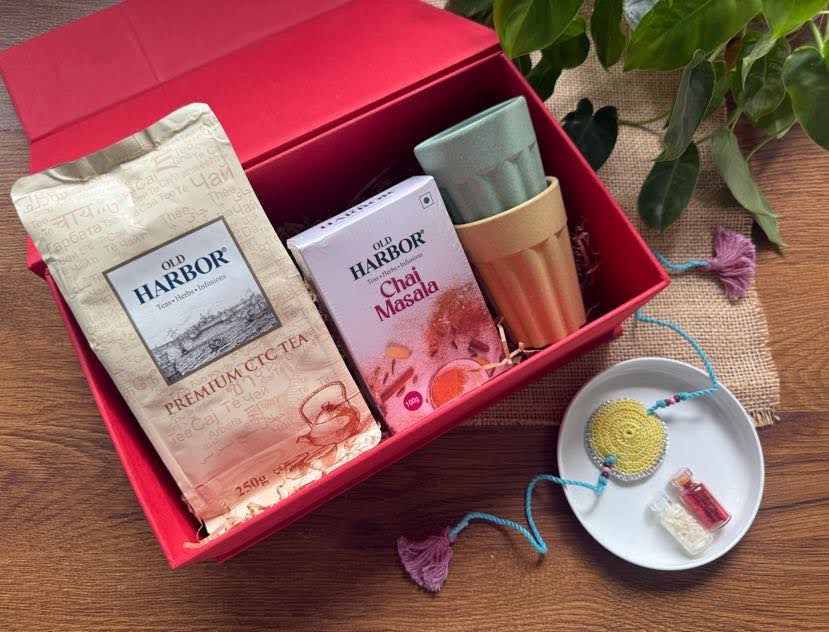 Old Harbor Rakhi Gift Hamper | Premium CTC Tea (250g), Chai Masala (100g) & Kulhad Cups | Festive Tea Gift Box for Brother/Sister | Raksha Bandhan Special