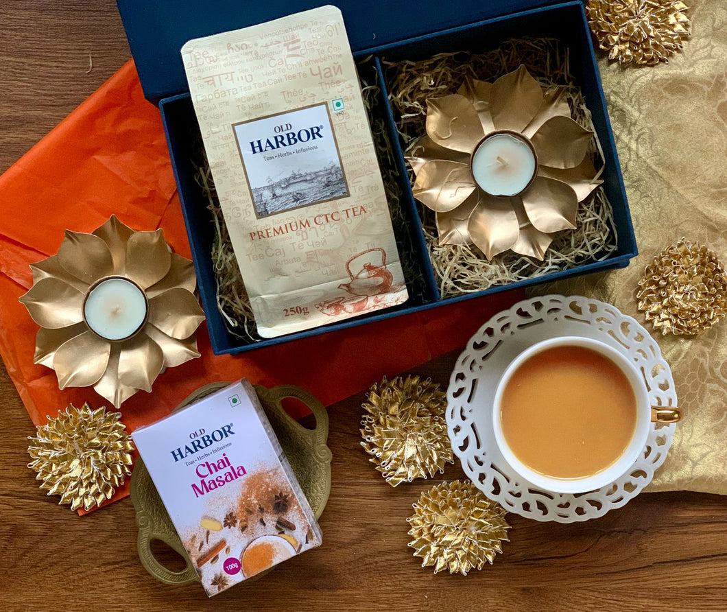 Old Harbor Diwali Gift Pack ( Assam tea , chai masala,beautiful metal t-light holders , Set of 2)