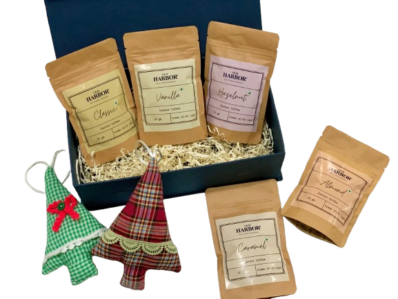 Old Harbor Instant Coffee Christmas Gift Hamper (Set of 7)|50 gm each of Classic,Caramel,Hazlenut,Vanilla & Almond instant coffee|2 handmade xmas tree ornaments